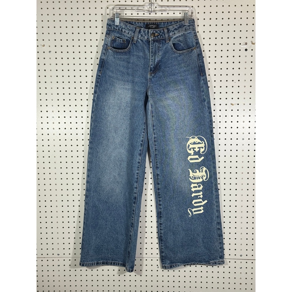 Ed Hardy Denim Wide Leg Jeans 26 Medium Wash Born Free Tattoo Swallow Y2K